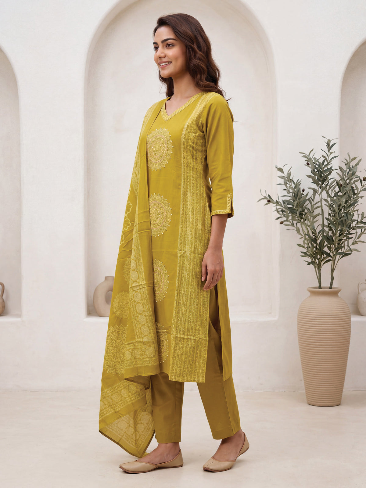 Mustard Printed Straight Kurta Trousers With Dupatta Set
