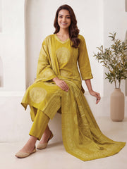 Mustard Printed Straight Kurta Trousers With Dupatta Set