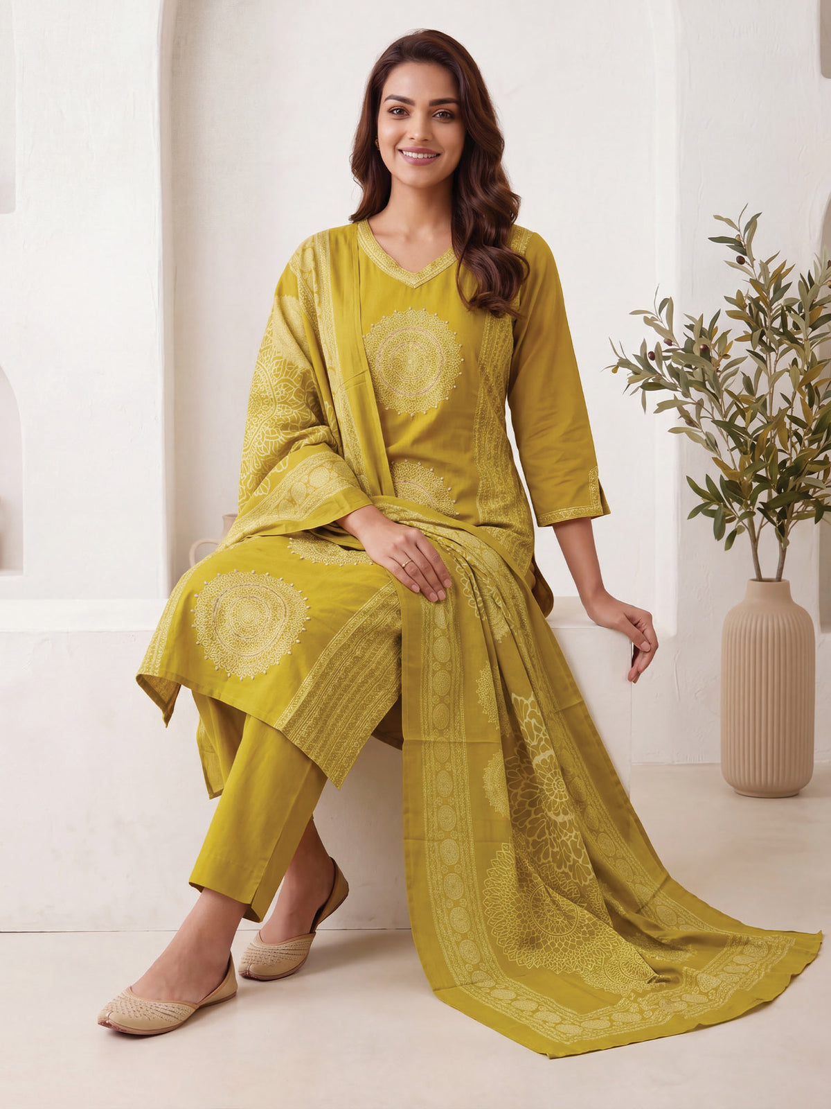 Mustard Printed Straight Kurta Trousers With Dupatta Set