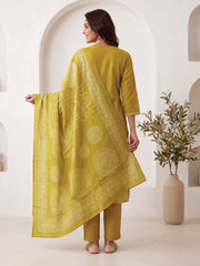 Mustard Printed Straight Kurta Trousers With Dupatta Set