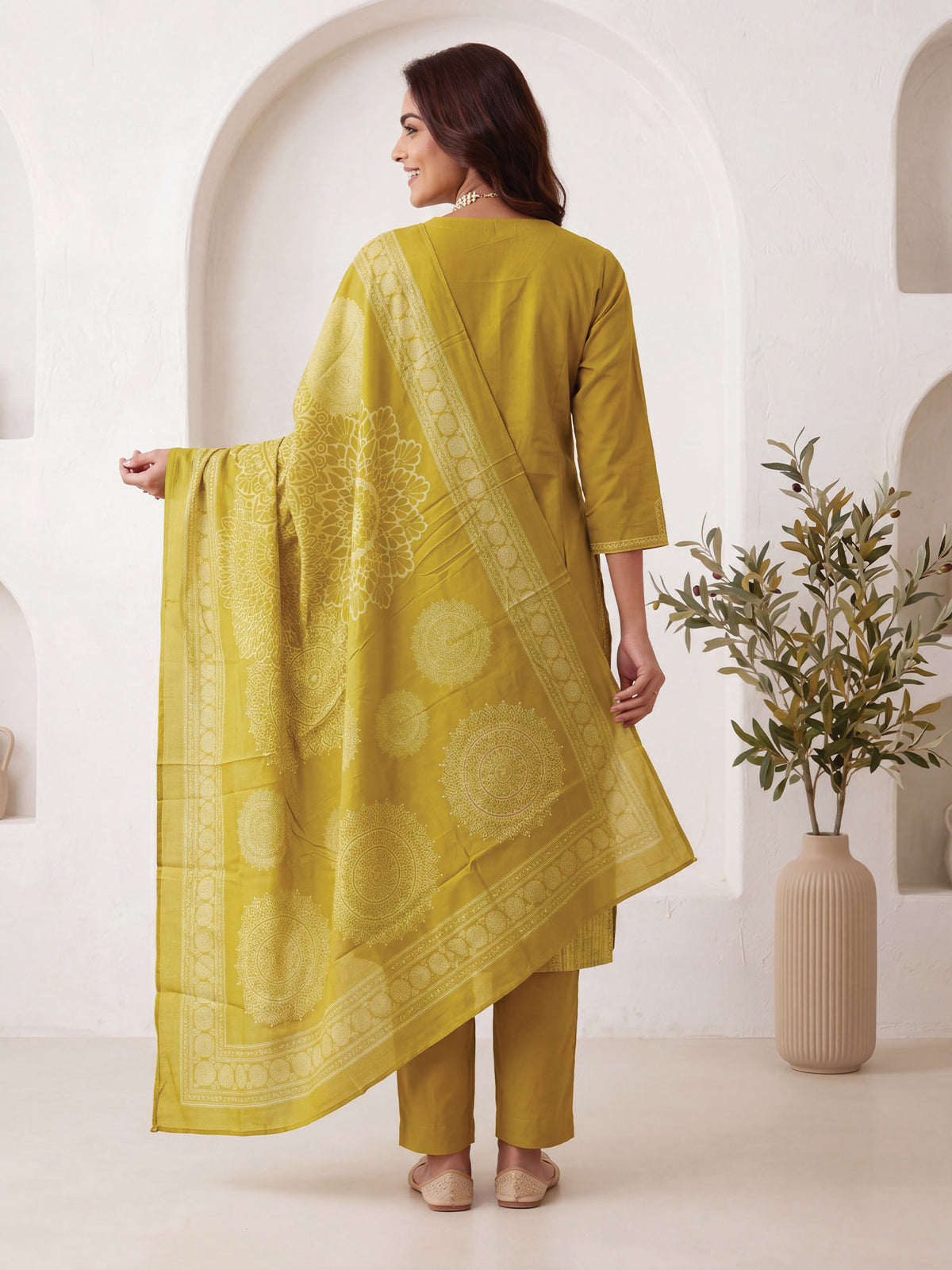 Mustard Printed Straight Kurta Trousers With Dupatta Set