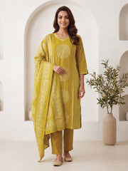 Mustard Printed Straight Kurta Trousers With Dupatta Set