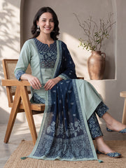 Sea Green Printed Straight Kurta Palazzos With Dupatta Set
