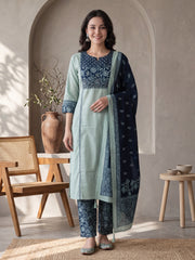 Sea Green Printed Straight Kurta Palazzos With Dupatta Set
