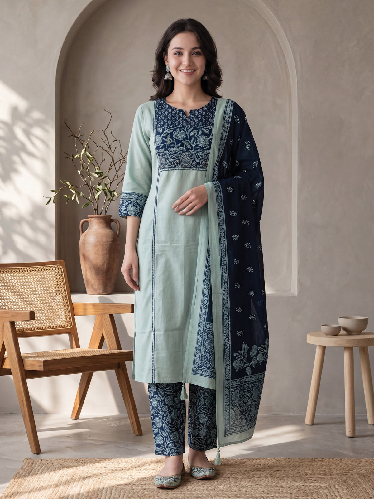 Sea Green Printed Straight Kurta Palazzos With Dupatta Set