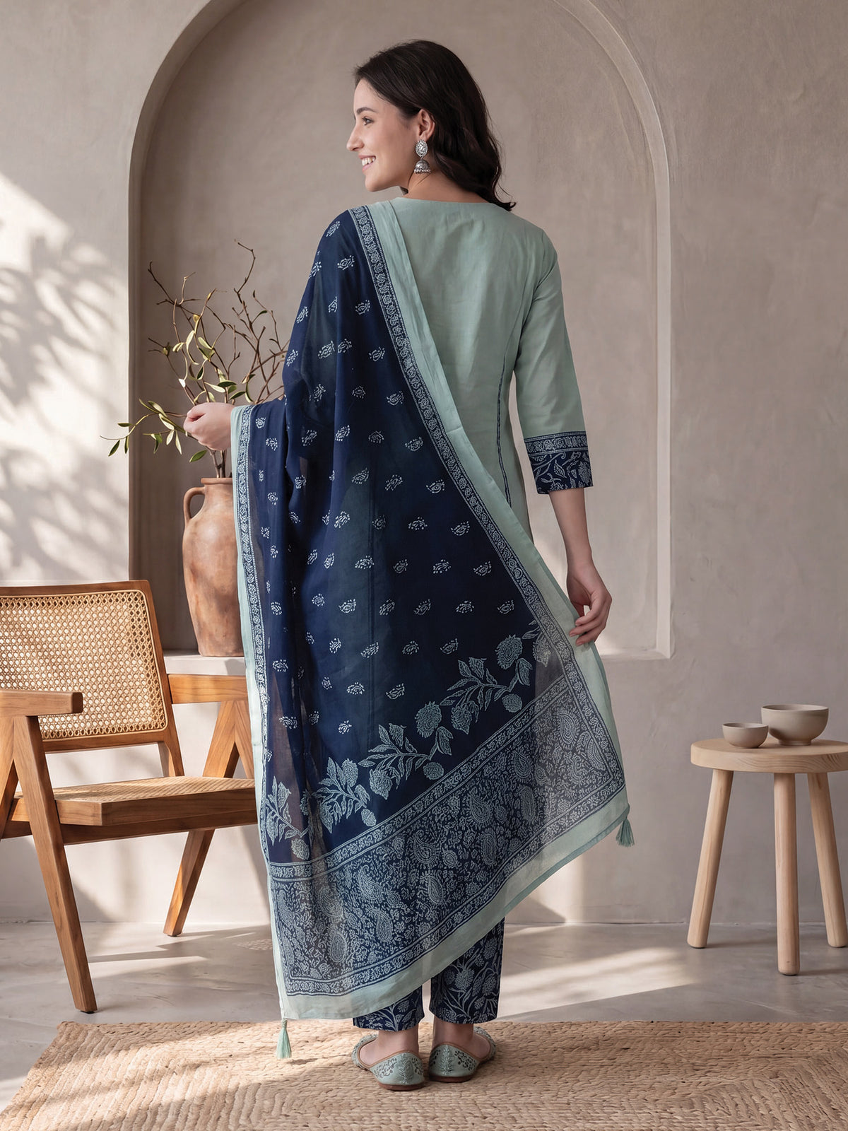 Sea Green Printed Straight Kurta Palazzos With Dupatta Set