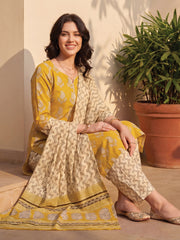 Mustard Printed Straight Kurta Salwar With Dupatta Set