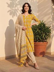 Mustard Printed Straight Kurta Salwar With Dupatta Set