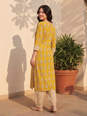 Mustard Printed Straight Kurta Salwar With Dupatta Set