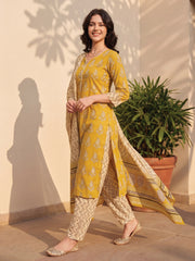 Mustard Printed Straight Kurta Salwar With Dupatta Set