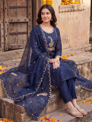 Blue Embroidered Straight Kurta Trousers With Dupatta Set