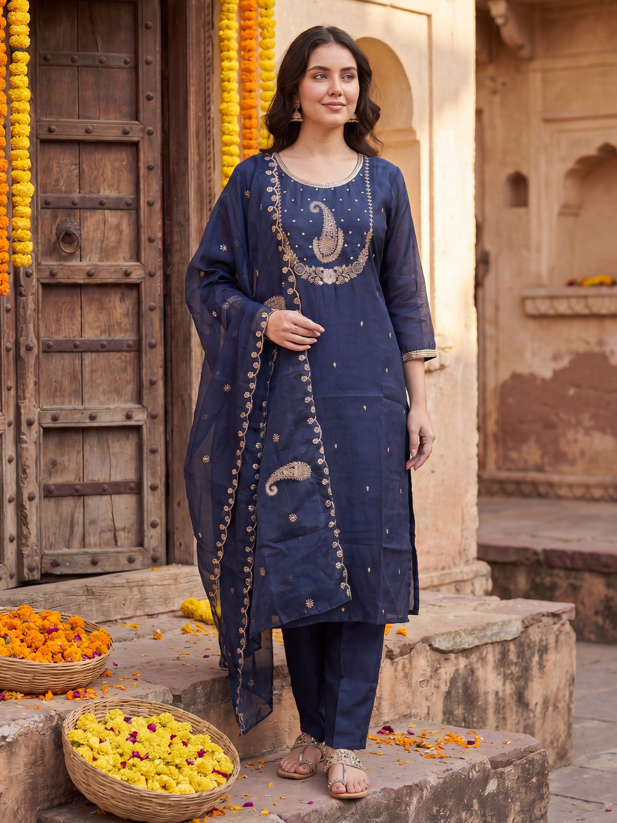 Blue Embroidered Straight Kurta Trousers With Dupatta Set