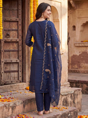 Blue Embroidered Straight Kurta Trousers With Dupatta Set