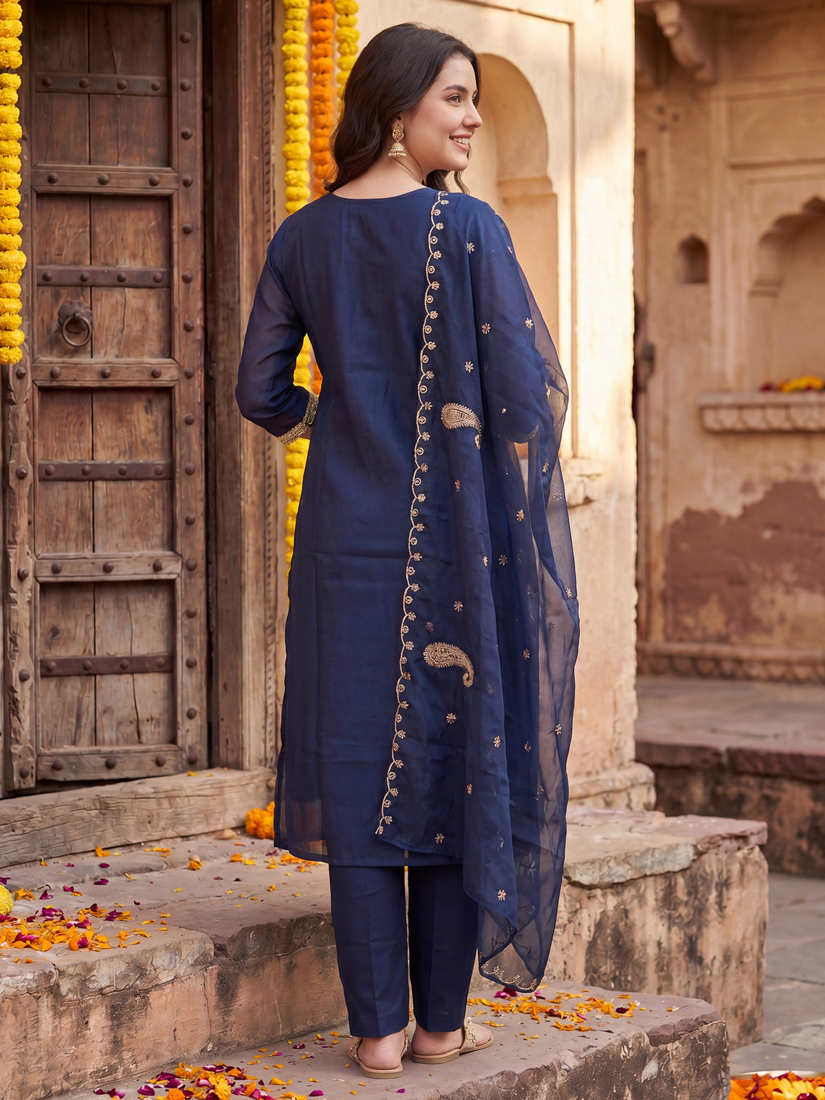 Blue Embroidered Straight Kurta Trousers With Dupatta Set