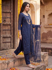 Blue Embroidered Straight Kurta Trousers With Dupatta Set