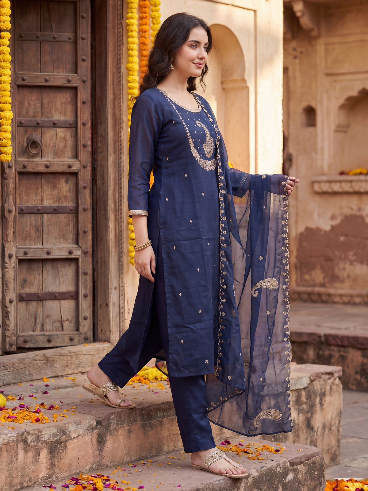 Blue Embroidered Straight Kurta Trousers With Dupatta Set