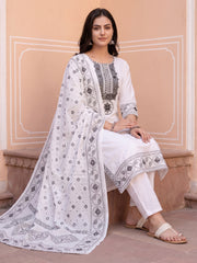 White Embroidered Straight Kurta Trousers With Dupatta Set