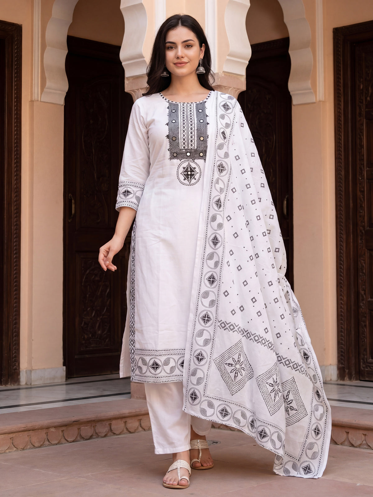 White Embroidered Straight Kurta Trousers With Dupatta Set
