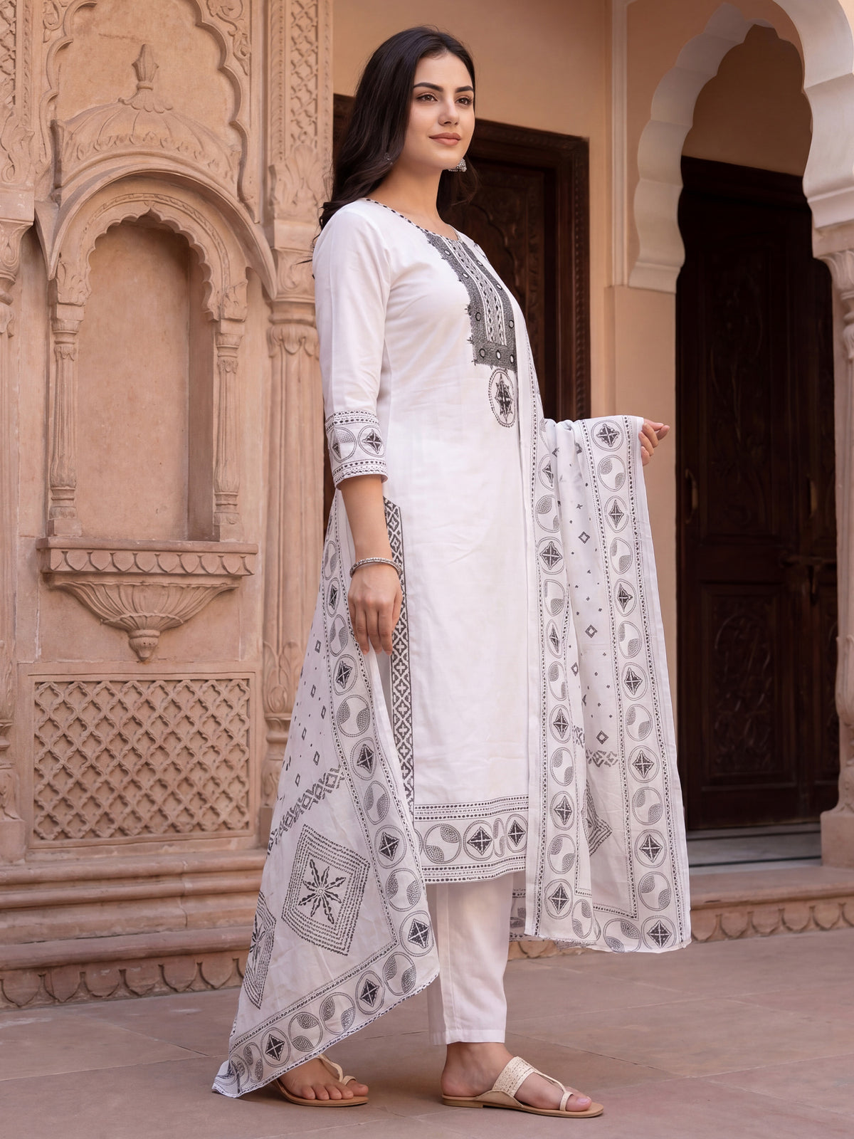 White Embroidered Straight Kurta Trousers With Dupatta Set
