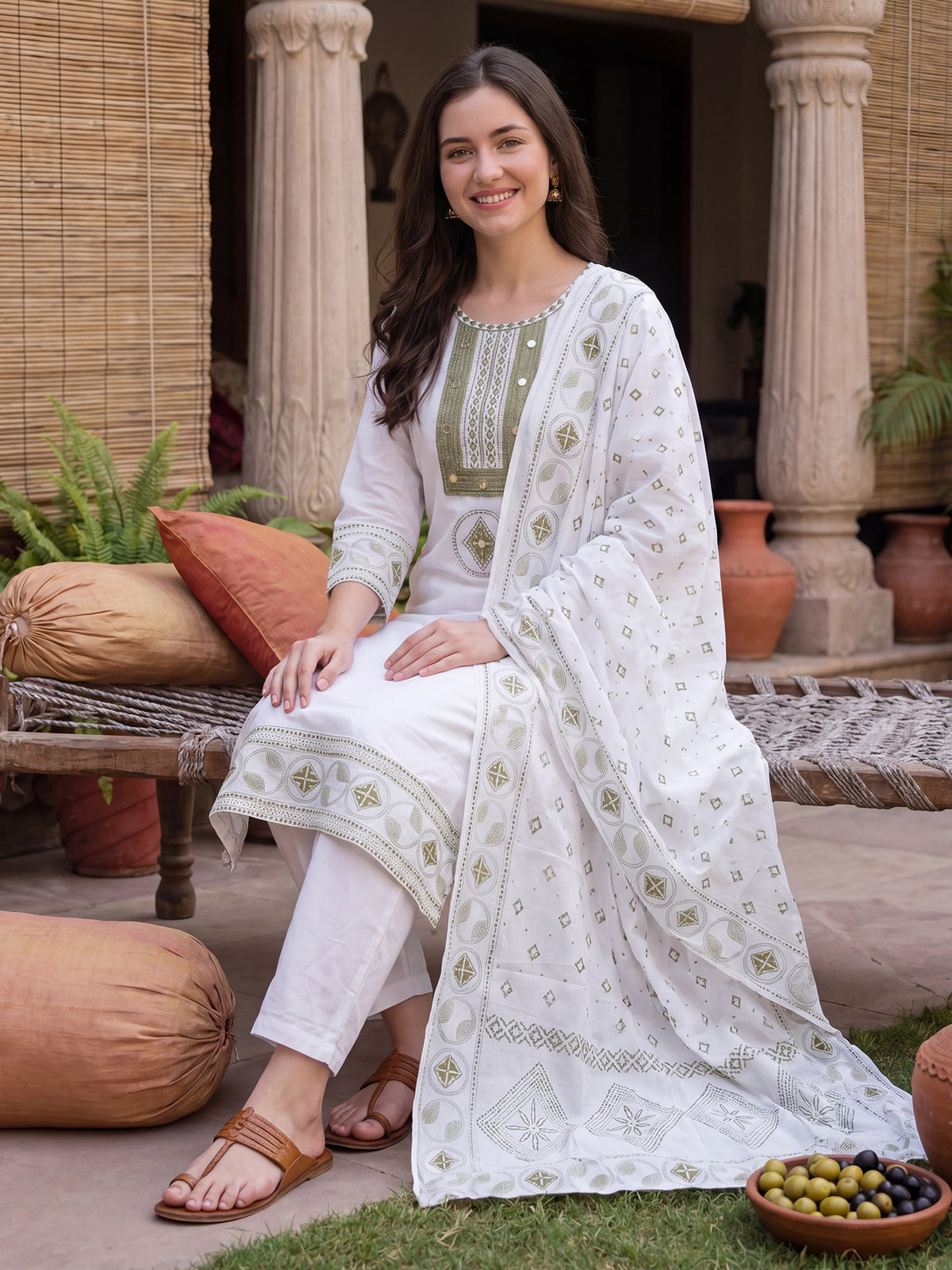 White Embroidered Straight Kurta Trousers With Dupatta Set