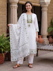 White Embroidered Straight Kurta Trousers With Dupatta Set