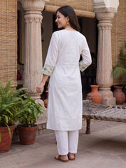 White Embroidered Straight Kurta Trousers With Dupatta Set