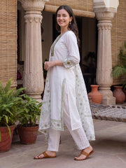 White Embroidered Straight Kurta Trousers With Dupatta Set