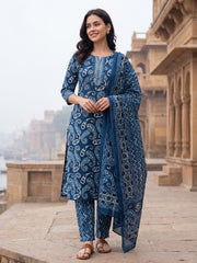 Blue Printed Straight Kurta Trousers With Dupatta Set