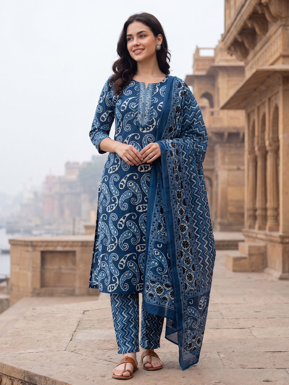 Blue Printed Straight Kurta Trousers With Dupatta Set