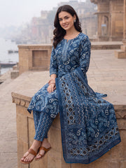 Blue Printed Straight Kurta Trousers With Dupatta Set