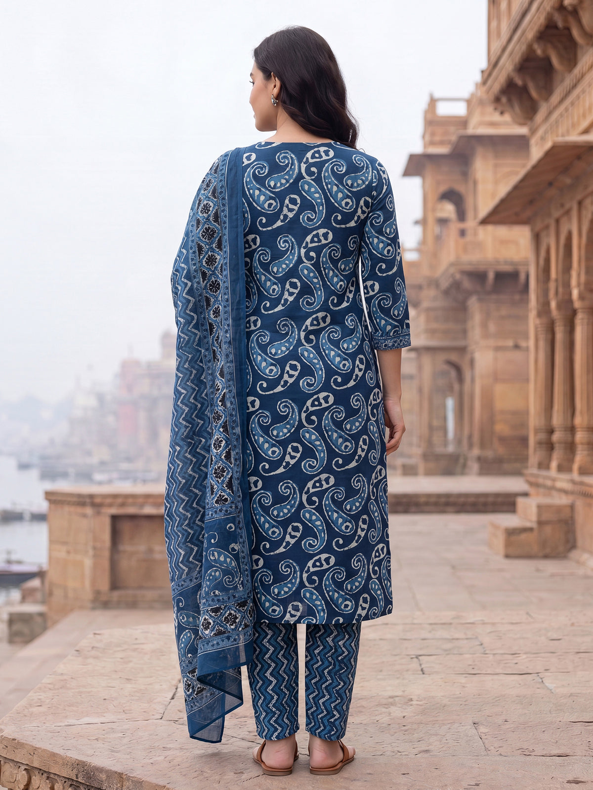 Blue Printed Straight Kurta Trousers With Dupatta Set