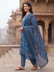 Blue Printed Straight Kurta Trousers With Dupatta Set