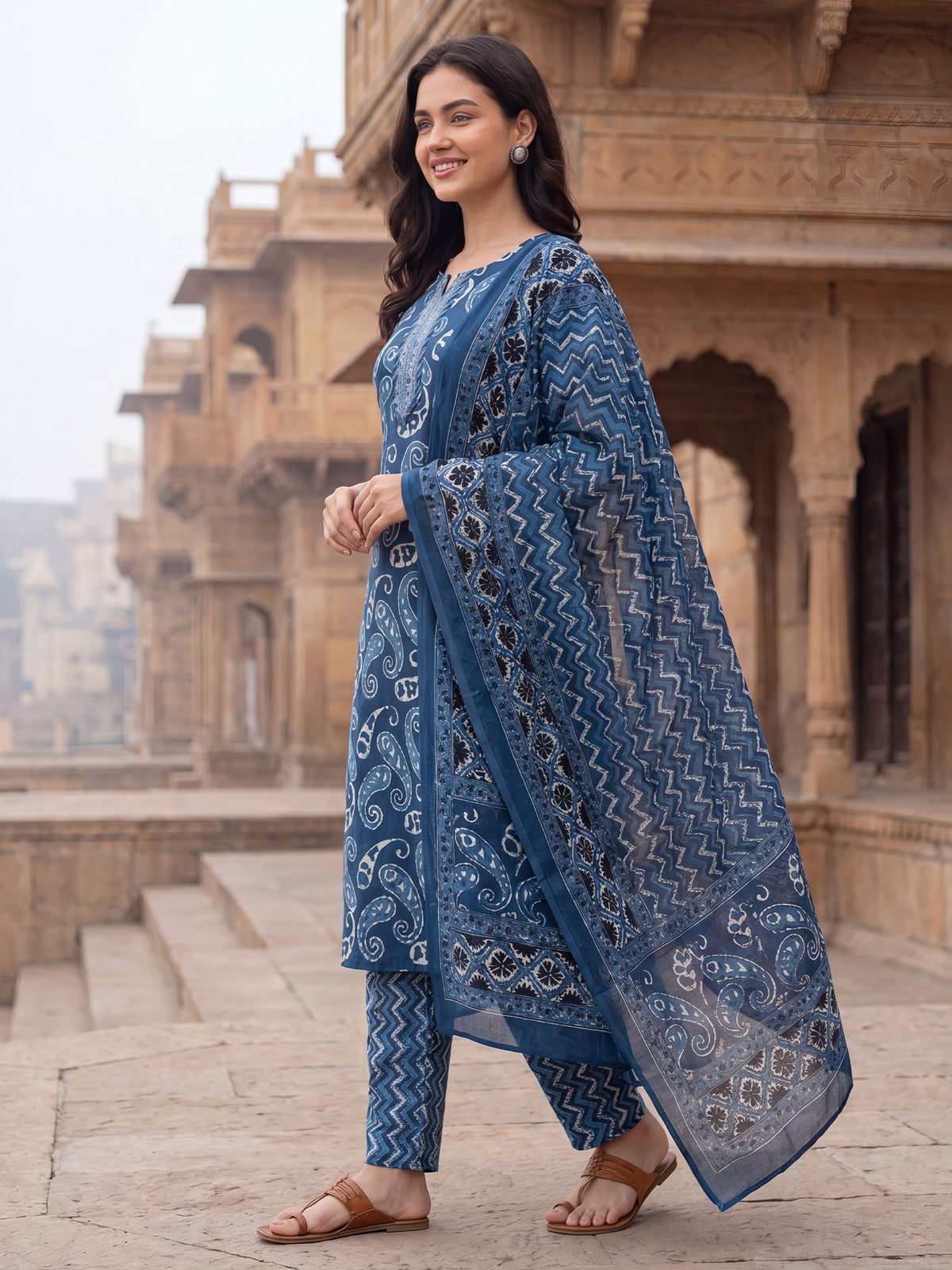 Blue Printed Straight Kurta Trousers With Dupatta Set