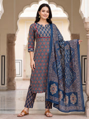 Blue Printed Straight Kurta Trousers With Dupatta Set