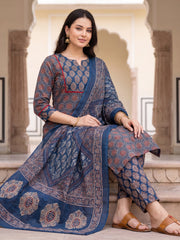 Blue Printed Straight Kurta Trousers With Dupatta Set