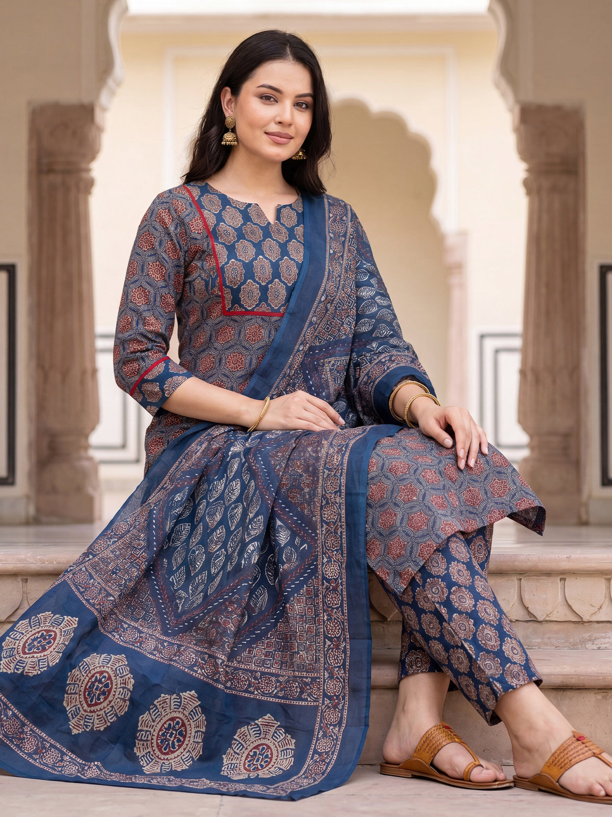 Blue Printed Straight Kurta Trousers With Dupatta Set