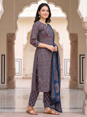 Blue Printed Straight Kurta Trousers With Dupatta Set