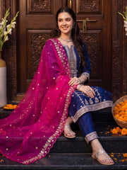 Purple Embroidered Straight Kurta Trousers With Dupatta Set