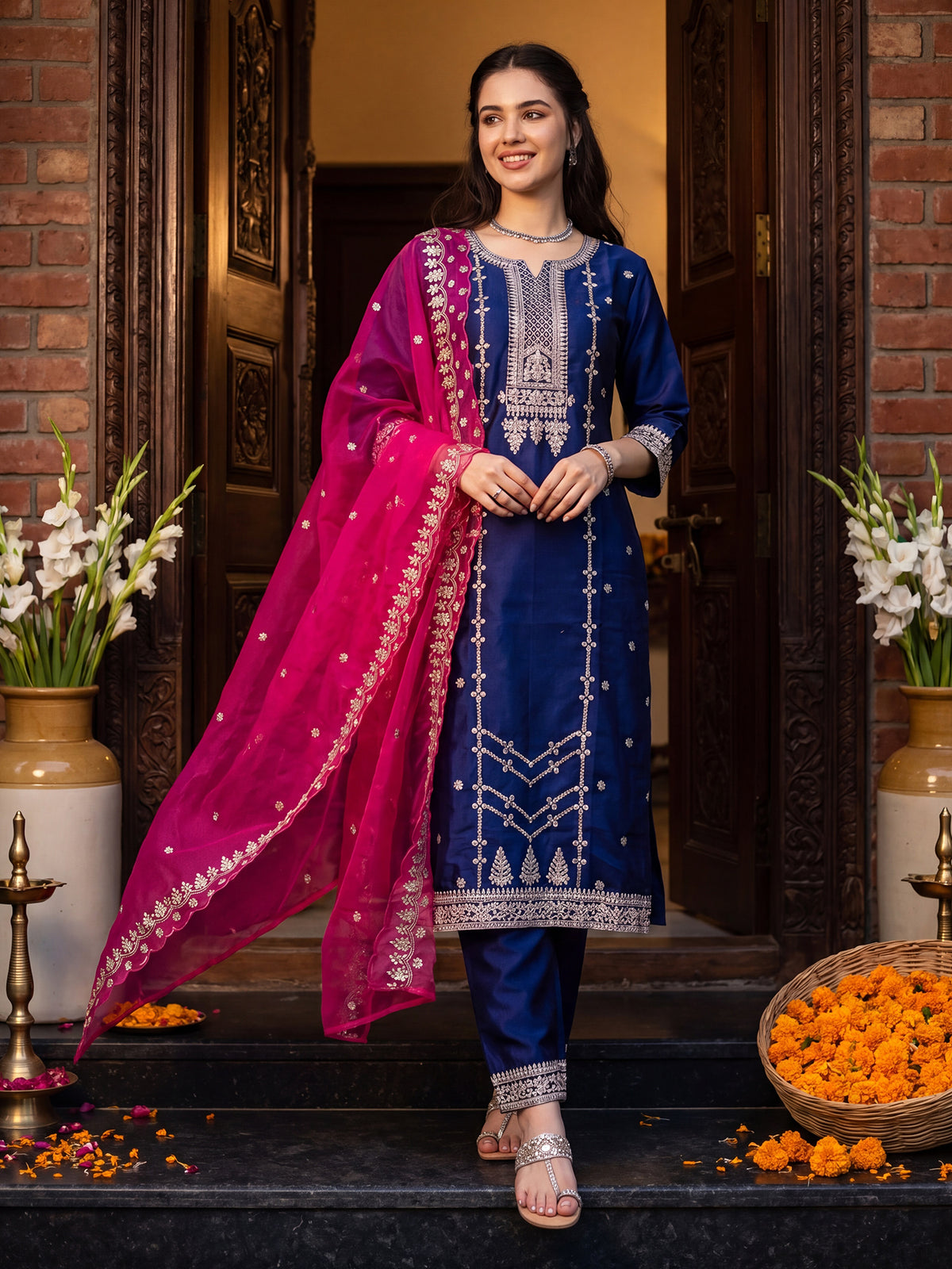 Purple Embroidered Straight Kurta Trousers With Dupatta Set