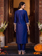 Purple Embroidered Straight Kurta Trousers With Dupatta Set
