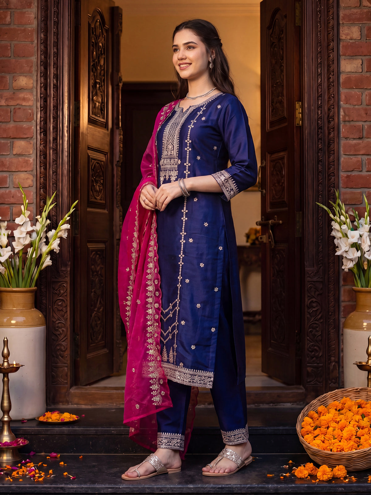 Purple Embroidered Straight Kurta Trousers With Dupatta Set
