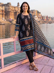 Black Printed Straight Kurta Trousers With Dupatta Set