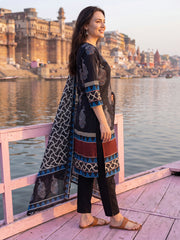 Black Printed Straight Kurta Trousers With Dupatta Set