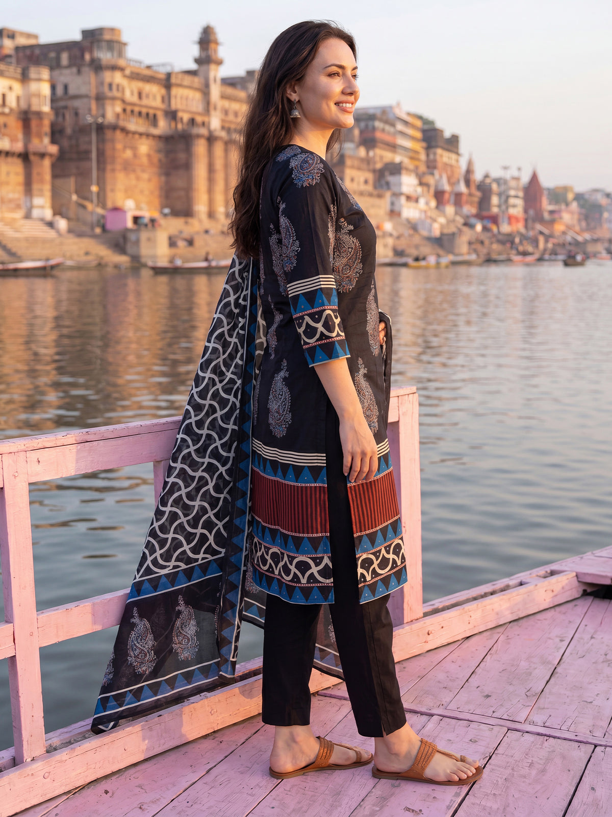 Black Printed Straight Kurta Trousers With Dupatta Set