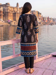 Black Printed Straight Kurta Trousers With Dupatta Set