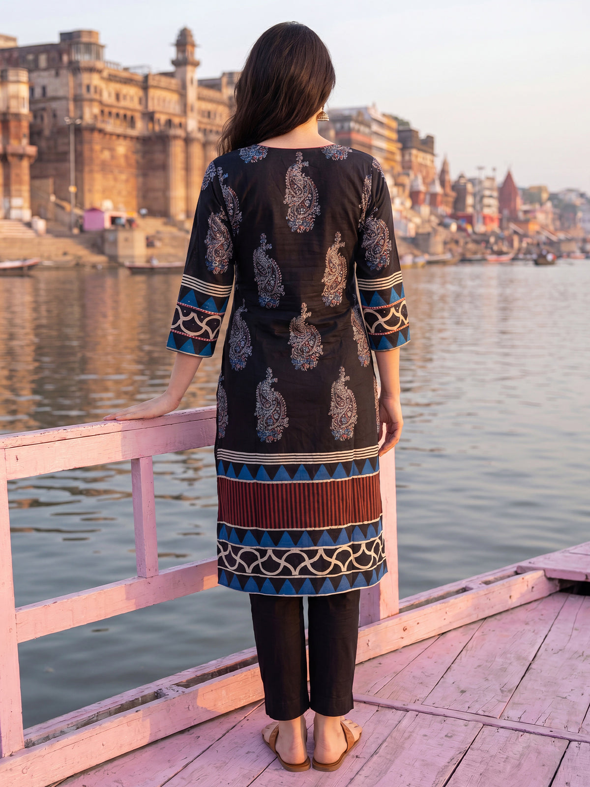 Black Printed Straight Kurta Trousers With Dupatta Set