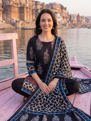 Black Printed Straight Kurta Trousers With Dupatta Set