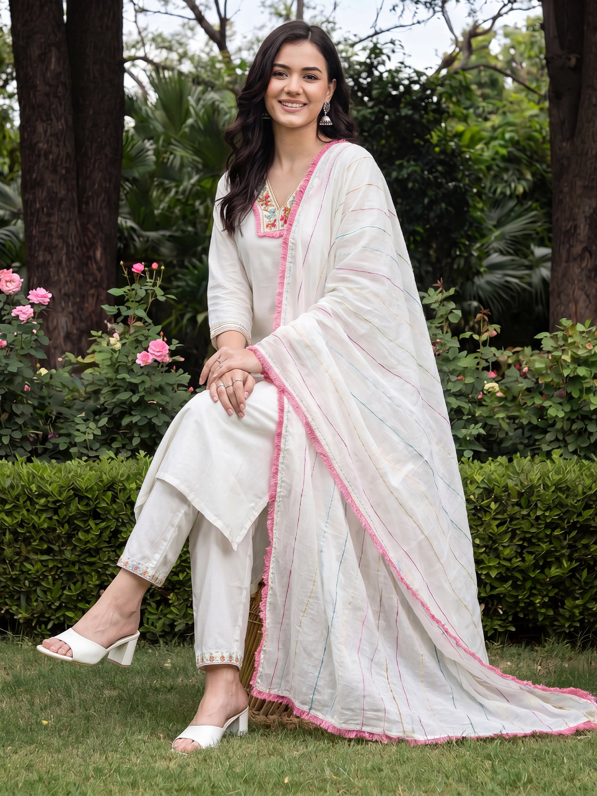 White Embroidered Straight Kurta Trousers With Dupatta Set