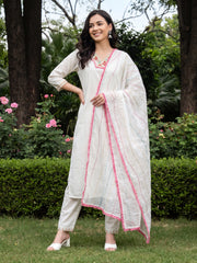 White Embroidered Straight Kurta Trousers With Dupatta Set