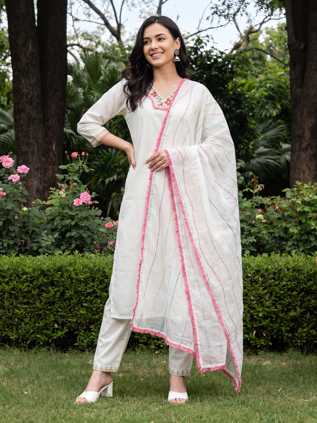 White Embroidered Straight Kurta Trousers With Dupatta Set